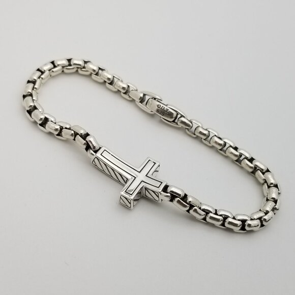 David Yurman Sterling Silver Black Diamonds Cross 8" Inch Box Chain Bracelet - Picture 7 of 9